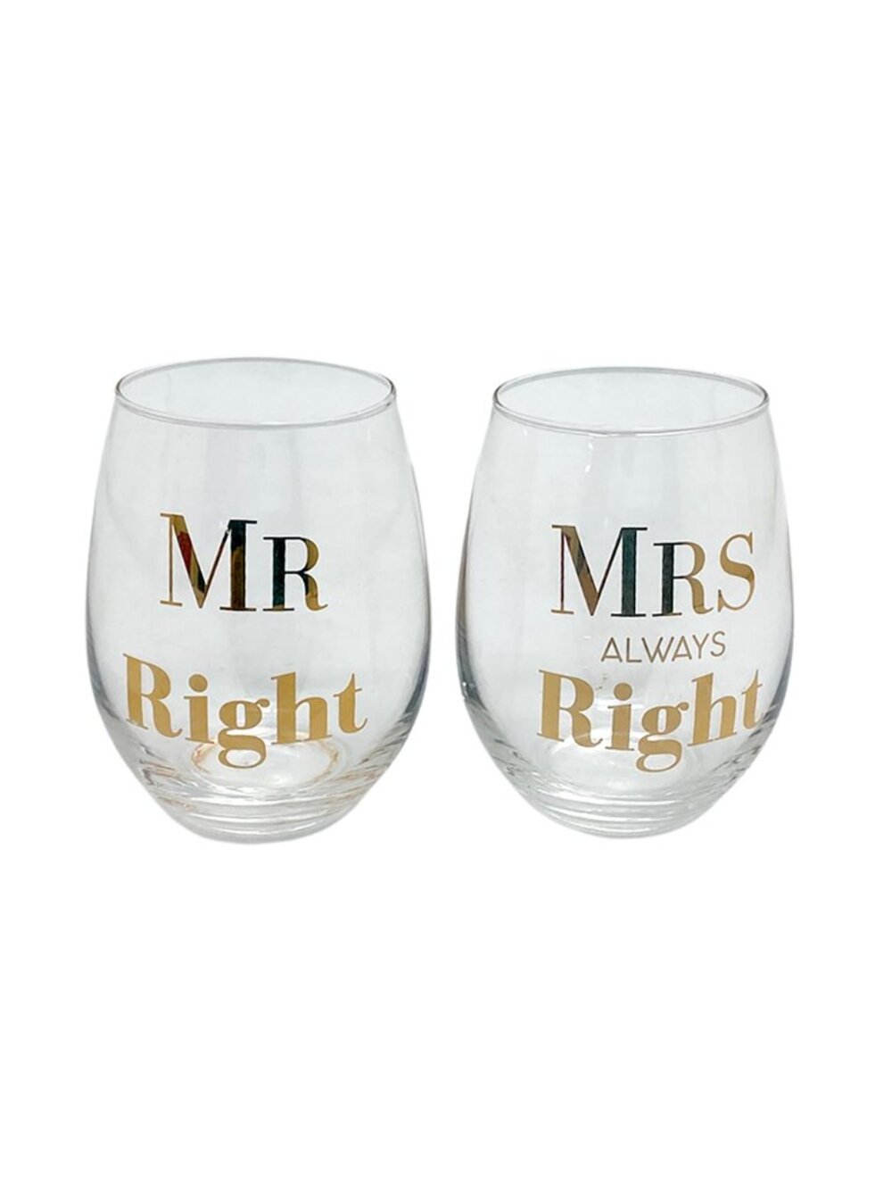 Harman | Wine Glass Set | 2 Pack | Stemless | "Mr. Right" & "Mrs. Always Right"